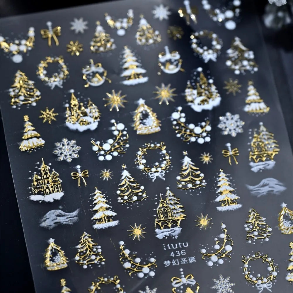 1pcs Laser Glitter Silver Purple Christmas Tree Crystal Ball Nail Sticker 5D Embossed Snowflake Christmas Nail Decals Nail Parts