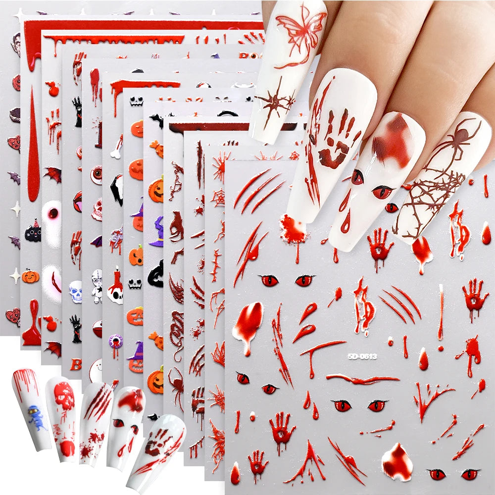 1sheet Bleeding Scars Skeleton Halloween Nail Stickers Ghost Face Pumpkin Eyeball Horrible Nail Decals Halloween Manicure Slider