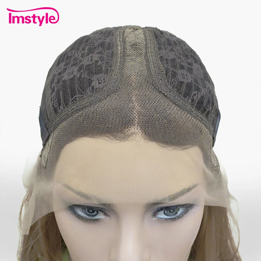 Imstyle Brown Wig Syntehtic Lace Front Wig Dark Root T Part Lace Wig Layered Straight Hair Daily Use Wigs For Women