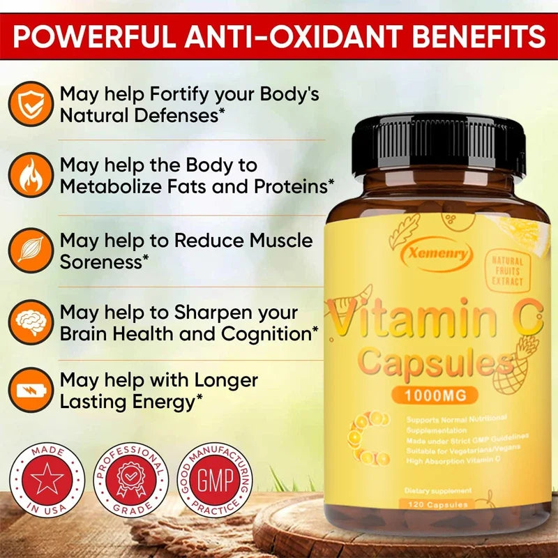 Vitamin C Capsules 1000mg - Immune System and Collagen Booster, Skin Health, Antioxidant Supplements
