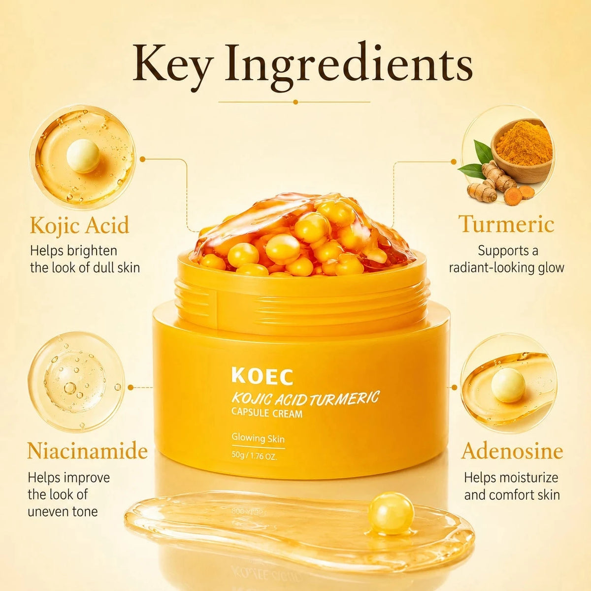 Kojic Acid Turmeric Capsule Cream with Niacinamide & Squalane, Skincare Kojic Acid Face Cream for Even Skin Tone & Glow Firming, Hydrating Capsule Cream, 50g/1.76oz