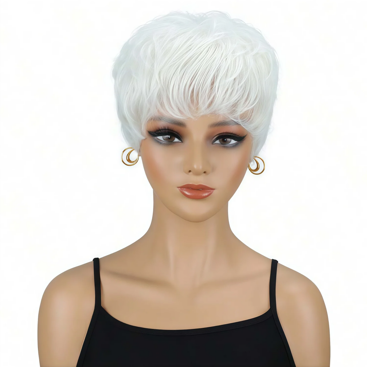 Ladies' Short Straight Wig, White, High-Density, Heat-Resistant, Breathable Rose-Colored Mesh Cap, White Straight Synthetic Wig