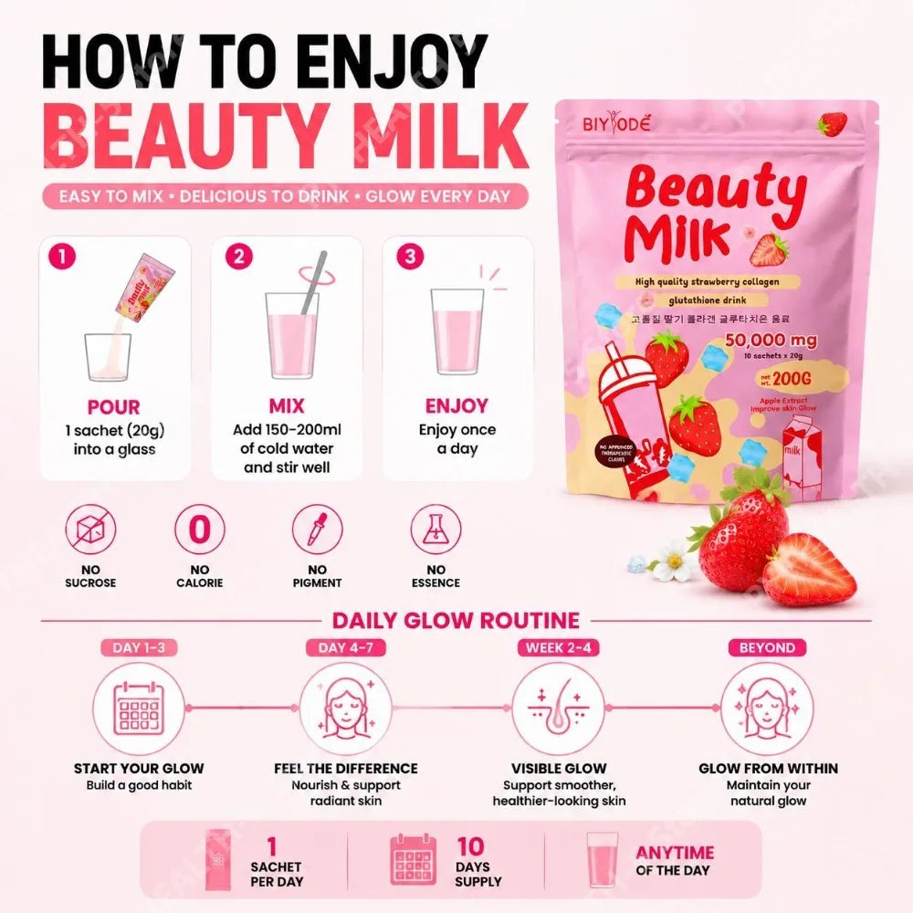 BIYODE Beauty Milk Strawberry Collagen Glutathione Powder Sachets Skin Glow Support with Vitamin D and Calcium, 10 Sachets