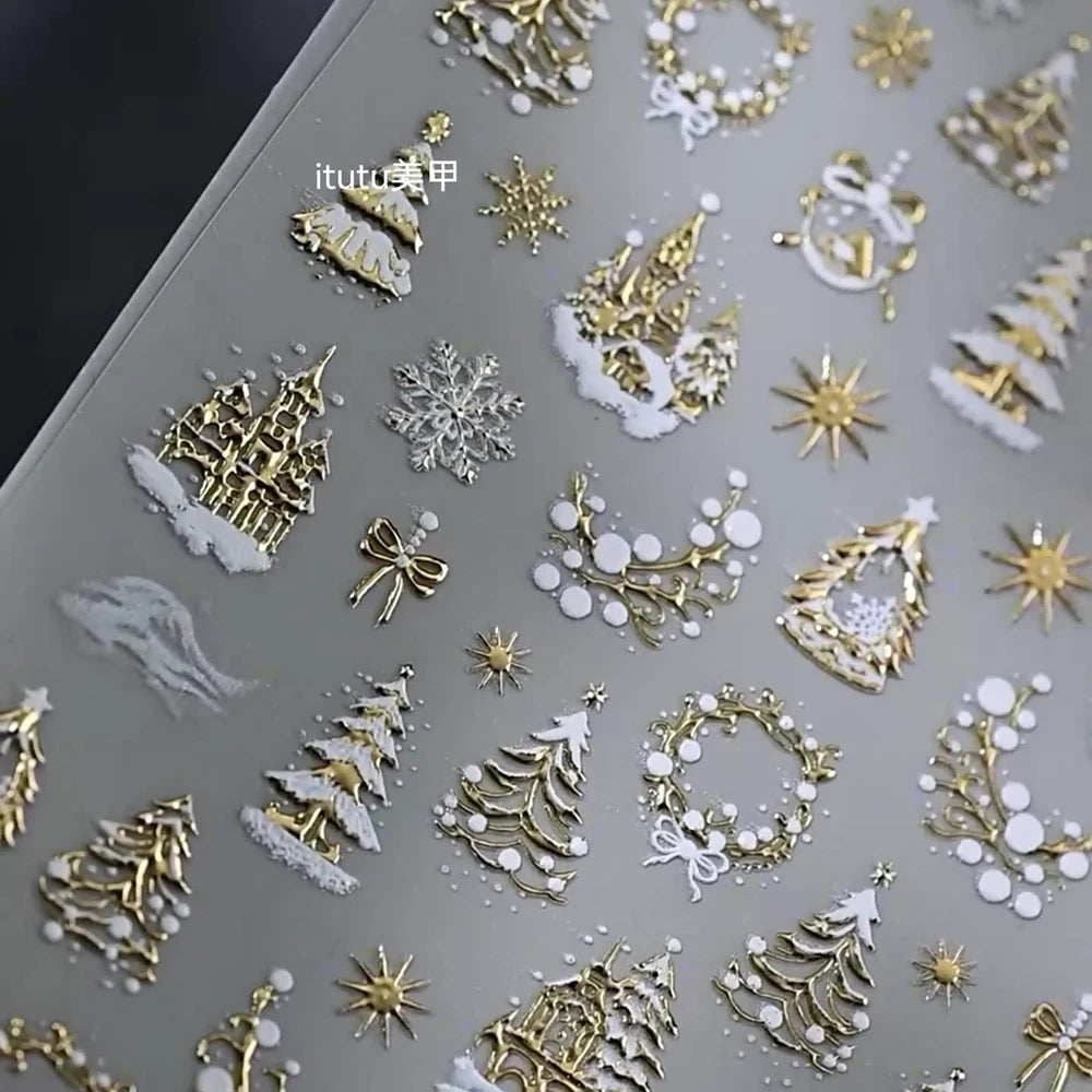 1pcs Laser Glitter Silver Purple Christmas Tree Crystal Ball Nail Sticker 5D Embossed Snowflake Christmas Nail Decals Nail Parts