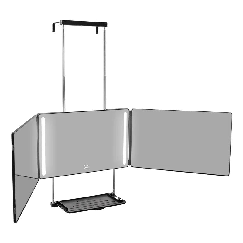 3 Way Mirror for Hair Cutting with LED,360 Trifold with Height Adjustable Telescoping Hooks,for Makeup and Styling (Black)