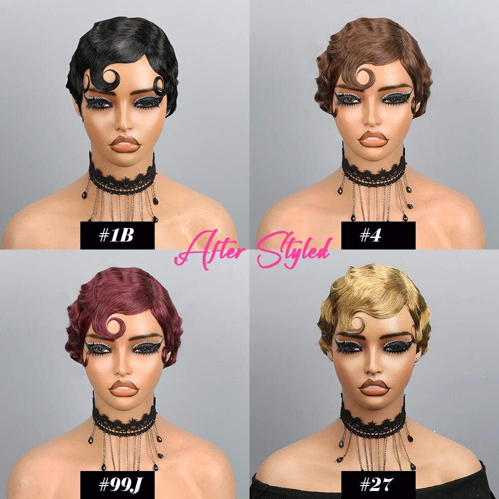 Short Wigs Human Hair Vintage Ocean Finger Wave Pixie Cut Wig for Black Women Glueless Costume Wigs Layered Machine Made No Glue