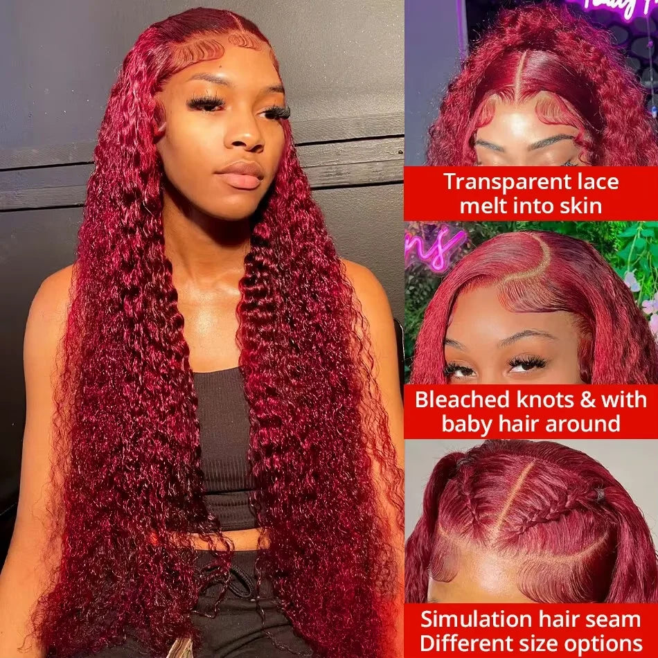 200 Density 13x4 Curly 99J Burgundy Lace Front Wig Red Wine Colored 30 38 Inch Deep Water Wave HD Lace Frontal Human Hair Wigs
