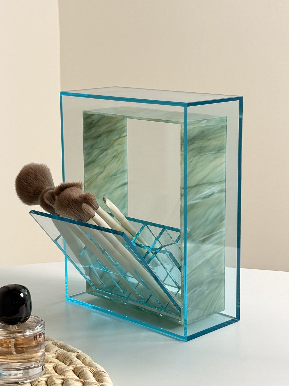 Wood and stone acrylic makeup brush storage box marble rotating dust-proof storage cylinder grid large-capacity lipstick box