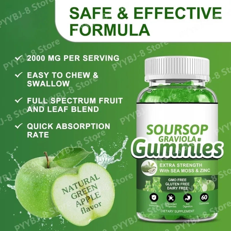 Soursop Graviola Gummy with Soursop Leaf Extract Sea Moss and Vitamin C Enhance The Immune System and Assist Digestion 60 Count