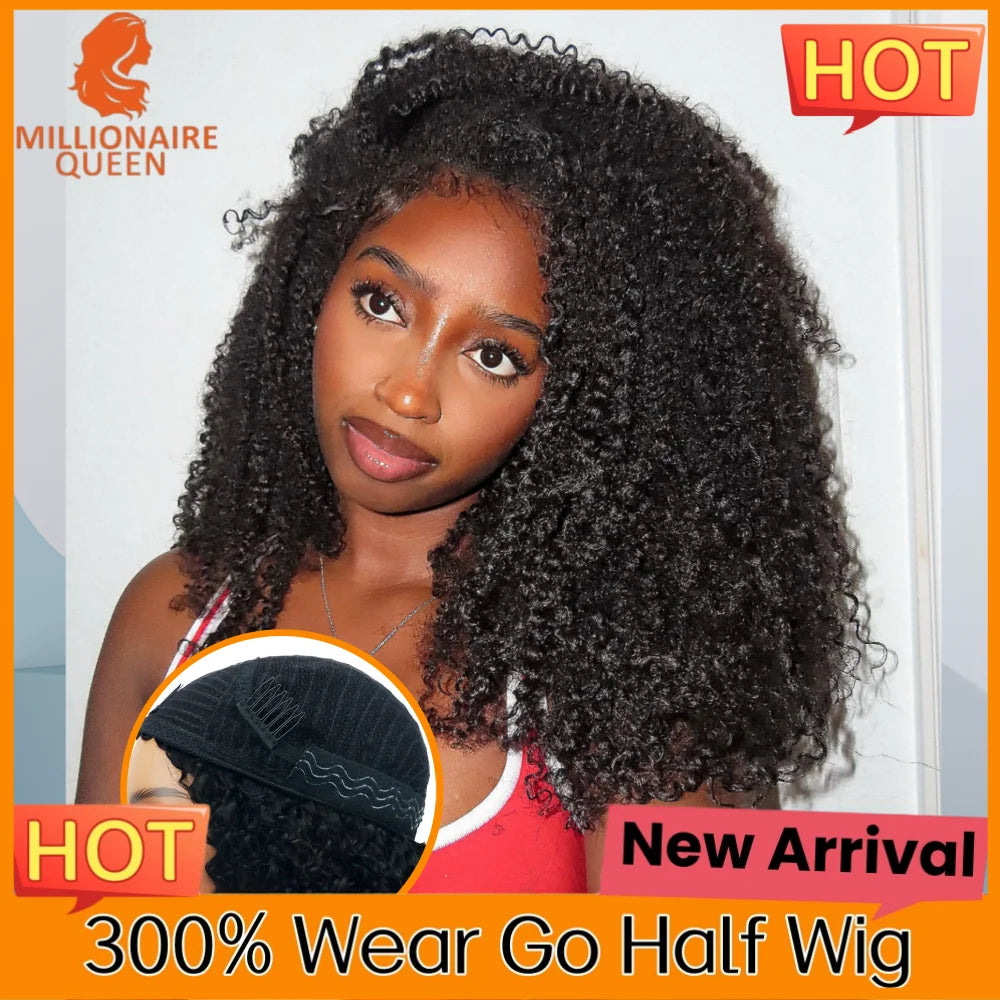 300% Millionaire Queen Half Wigs Wear and Go Beginner Friendly Headband Wig Pixie Curly Half Wig Clip Ins Flip Over Glueless Wig
