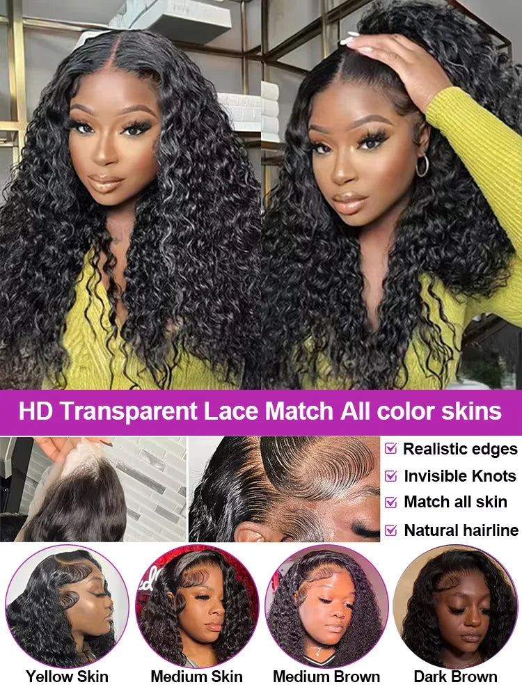 250% Curly Deep Water Wave 13x4 HD Lace Front Wigs PrePlucked Brazilian 100% Human Hair 13x6 Lace Frontal Closure Wig 32 34 Inch