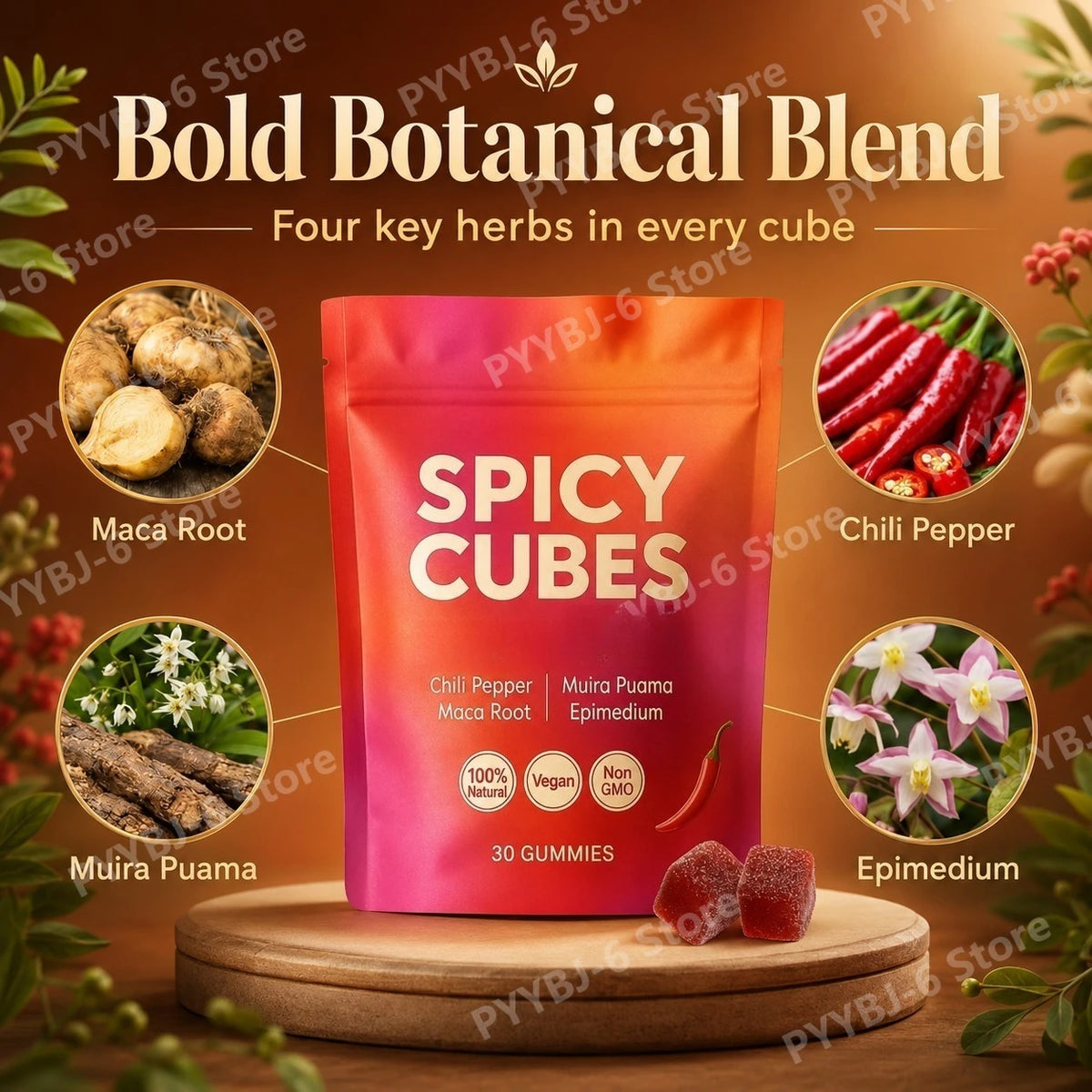 Spicy Cube Gummies for Him 30PCS Men Daily Wellness Supplement Calm Mood Support Natural Herbal Care for Energy & Vitality