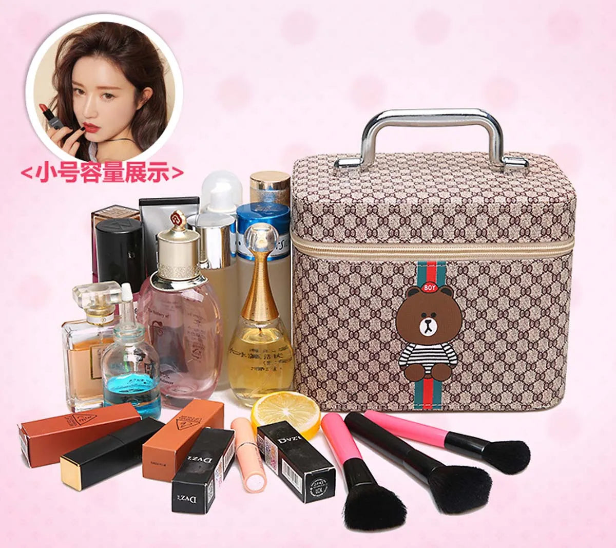Large capacity new makeup bag Travel portable makeup case Portable high-end PU leather cosmetics storage bag cute bear pattern