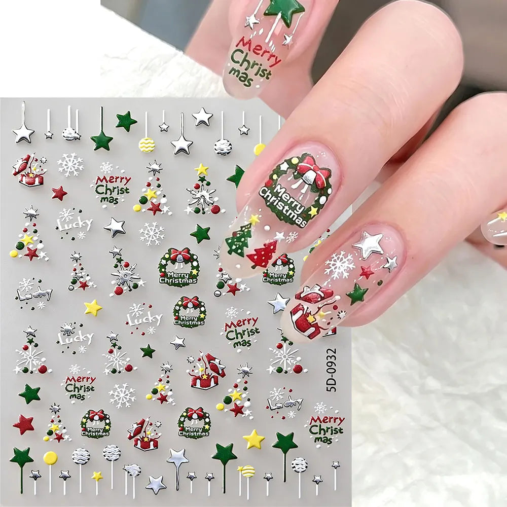 5D Embossed Gold Castle/Garland/Christmas Tree Nail Stickers White Snowflakes Bow Star Nail Decals Self-Adhesive Xmas Nail Decor