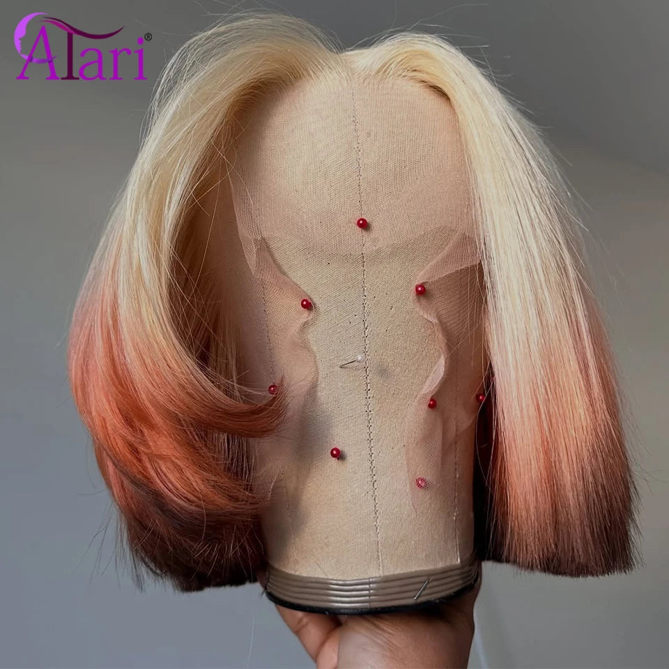 Upgrade 13x4 Lace Frontal Bob Striaght 3 Tone Human Hair Wigs Brazilian Ombre 613 Colored Short Bob Transparent Wig 180 Density