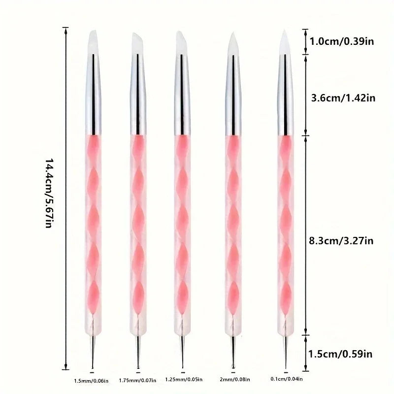 5pcs/Set Dual-end Nail Silicone Brushes Nail Art Dotting Pens Gel Polishable Carving Drawing Painting Tip Tools Nail Styling Pen