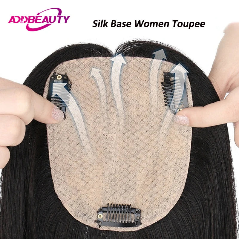 Straight Women Toupee 100% Human Remy Hair Silk Base Human Hairpiece Clip in Human Hair Extension Natural Hair System Toppers