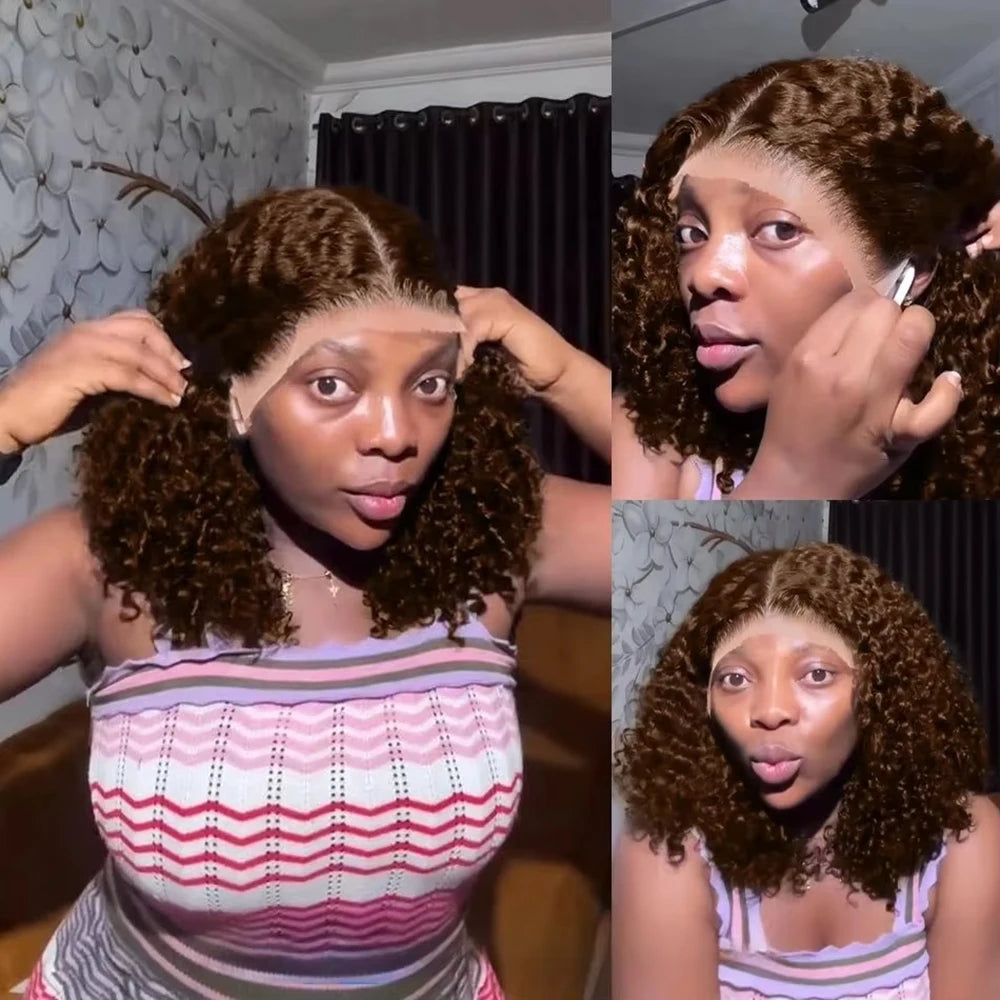 250% Dark Brown Deep Wave Short Bob Wig Human Hair Curly Transparent Lace 13x4 Human Hair Wigs Pre Plucked 10-16 Inch