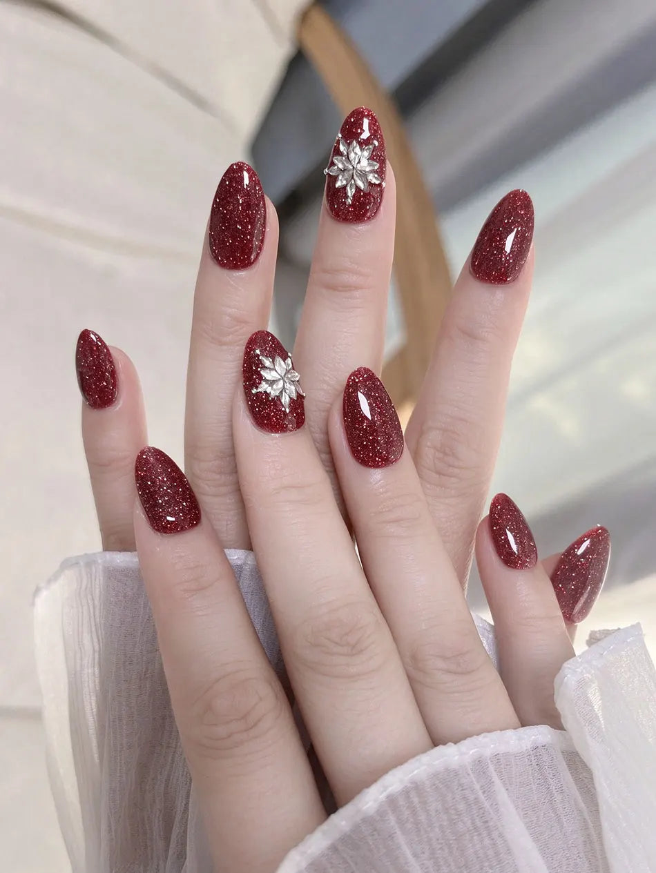 Christmas New Year Almond Fake Nails Red Glitter Press On Nails Silver Snowflake Crystal Handmade Nail Tips for Women 10Pcs