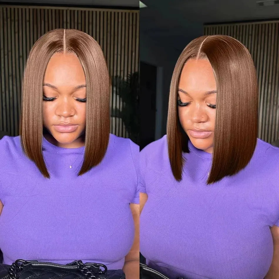 13X4 Chocolate Brown Straight Bob Wig 4X4 Silky Straight HD Lace Frontal Wig Natural Hairline Pre Plucked Human Hair 100% 16Inch