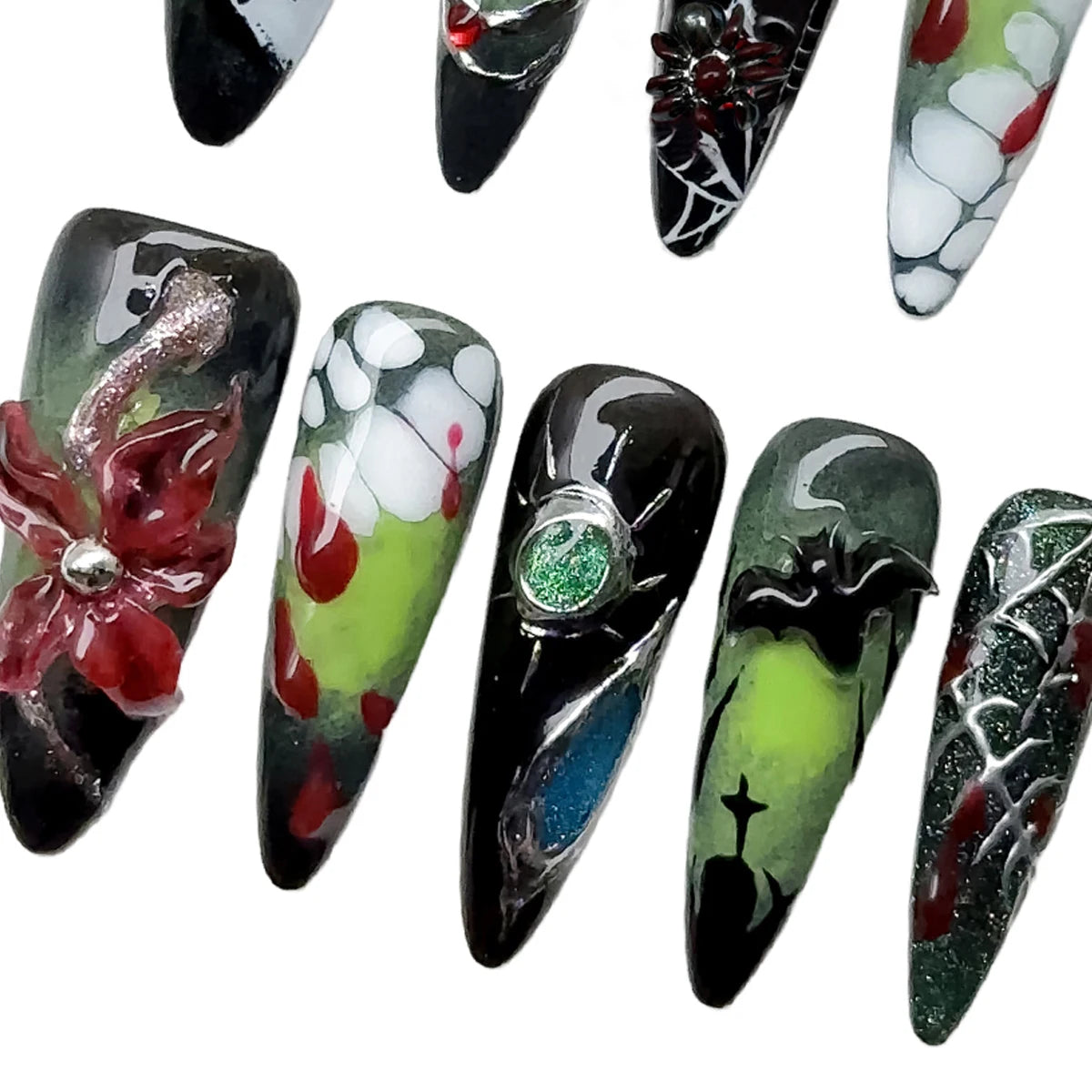 10pcs/Set Handmade acrylic press on nails Long high-heeled finger nails，halloween nails , Bloody Forest Hand-Painted Ghost Fake