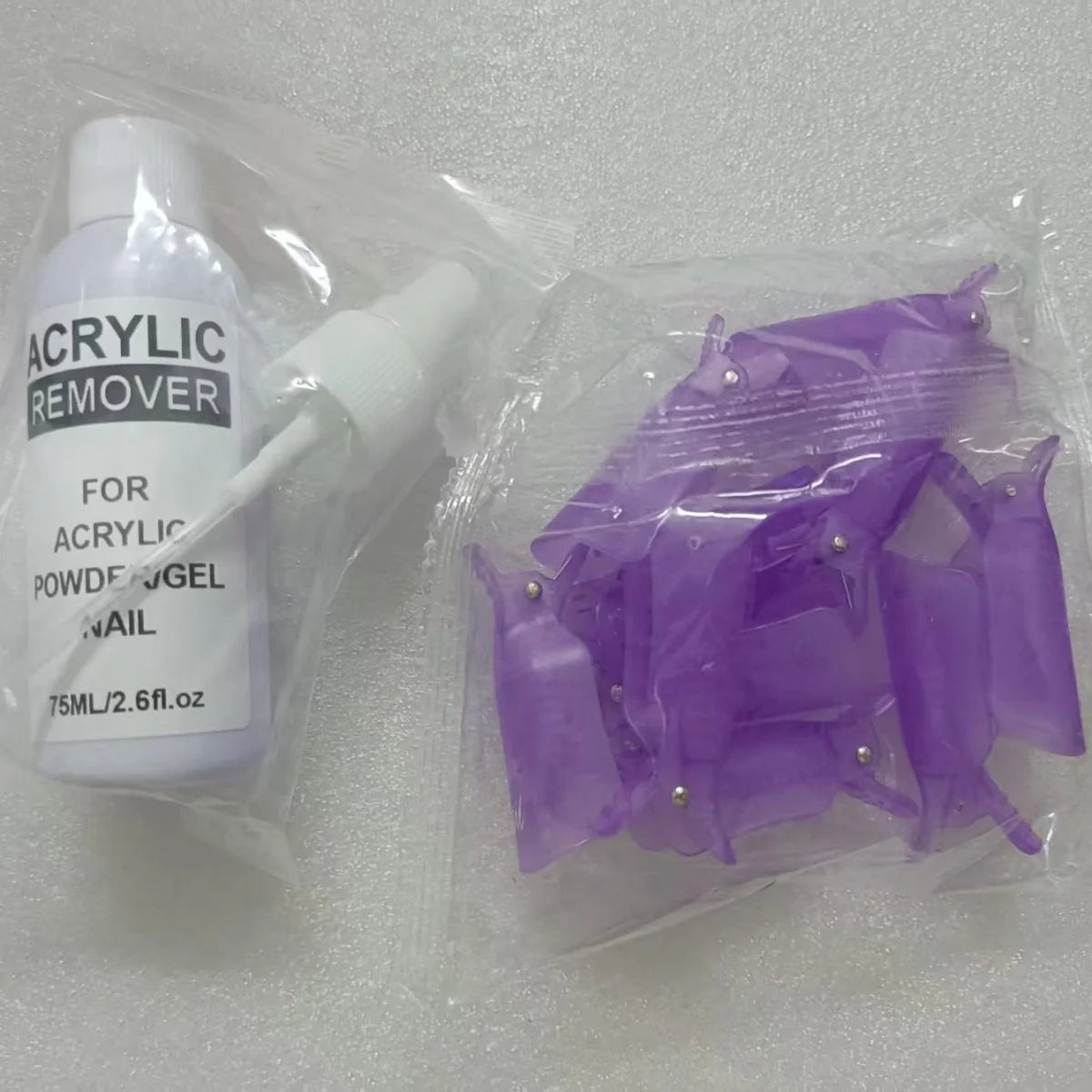 2.6OZ Acrylic Remover Liquid 10 Pieces Nail Polish Remover Caps Remover Clips for Nail Art Anti-Slip Plastic Clips