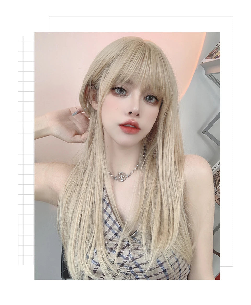 LM Light Blonde Wave Hair Wig Synthetic Long Wavy Wigs with Bangs for Women Cosplay Natural High Temperature Fiber