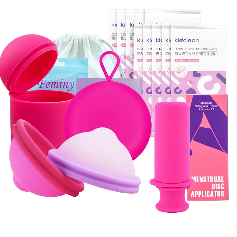 Feminy Menstrual Disc Kit Medical Grade Reusable Soft Silicone Period Disc with Sterilizer Case Applicator Leakproof Monthly Cup