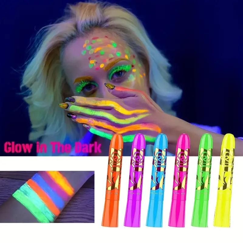 12 Pieces UV Neon Face Painting, Glow in the Dark Under UV Lights Face Painting Crayon SticksMardi Gras Party Halloween Makeup