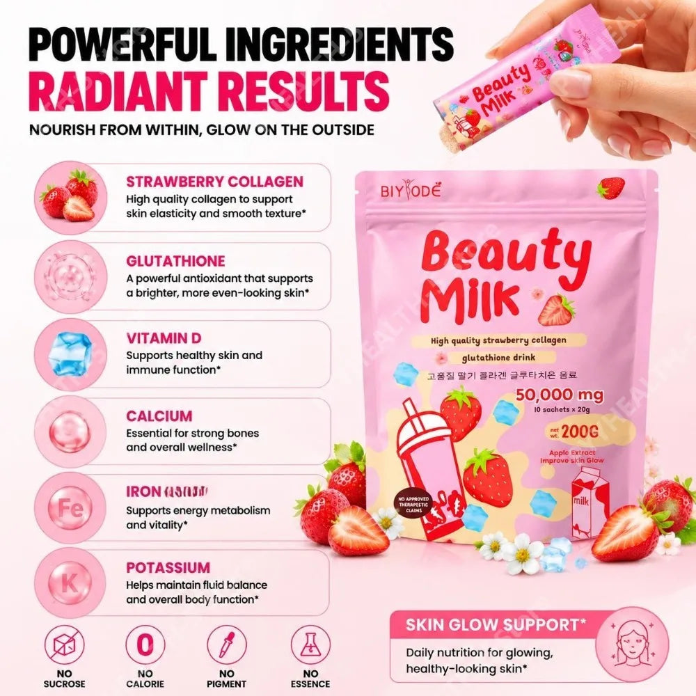 BIYODE Beauty Milk Strawberry Collagen Glutathione Powder Sachets Skin Glow Support with Vitamin D and Calcium, 10 Sachets