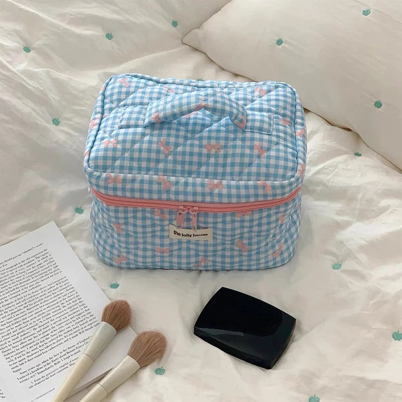 New Cartoon Bow Knot Tote Makeup Zipper Bag Women Large Capacity Quilting Pouch Washbag Cute Portable Cosmetic Storage Bag