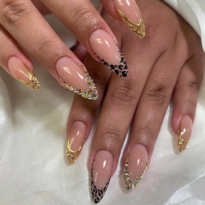 24Pcs Mid-length Almond Fake Nails Press on Black Lace French Wearable Full Cover Nails Tips Art 3D Bow Pearl Design False Nails