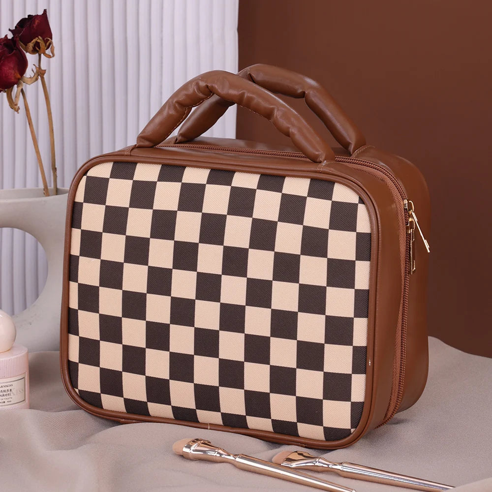 Luxury Checkered Cosmetic Bag For Women Large Capacity Waterproof Makeup Toiletry Bag Brown Melard Travel Wash Storage Bag