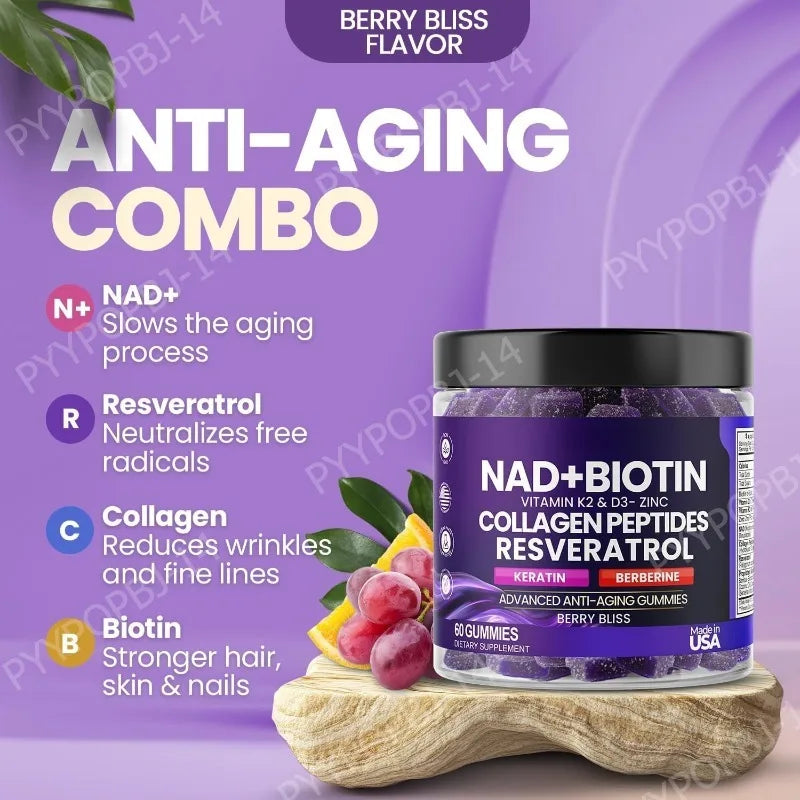Biotin Collagen Gummies with NAD+ Resveratrol Vitamin D3 K2 Zinc Daily Beauty Wellness Supplement 60 Count Berry Flavor