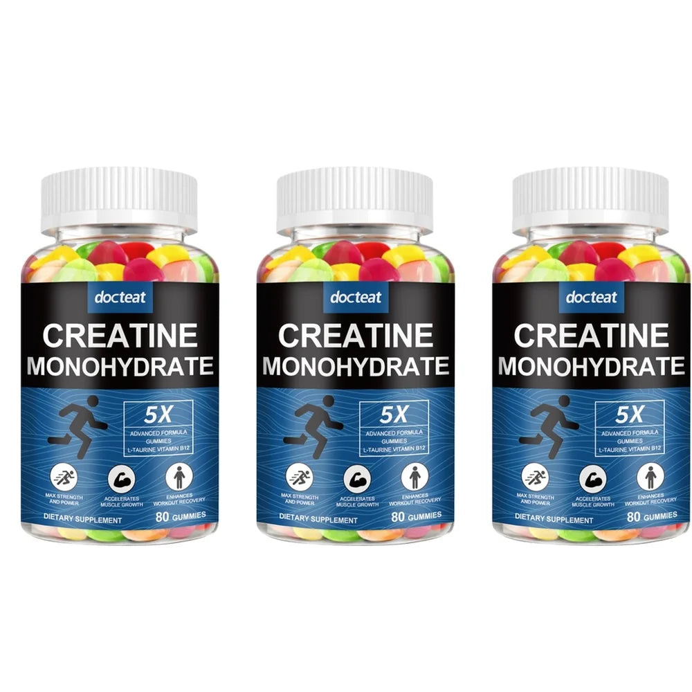 Docteat Creatine Monohydrate Gummies for Energy Support and Workout Recovery, Non-Sticky Sweet-Sour Chew, Easy Carry, 80 Gummies