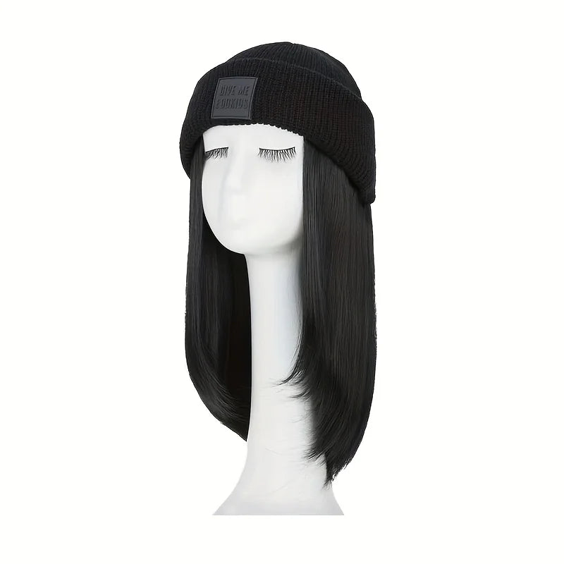 20inch Long Water Wavy Synthetic Hairpiece Beanie Hat - Woven Wigs with Knit Pom Cap and Warm Winter Design - Soft, Detachable,