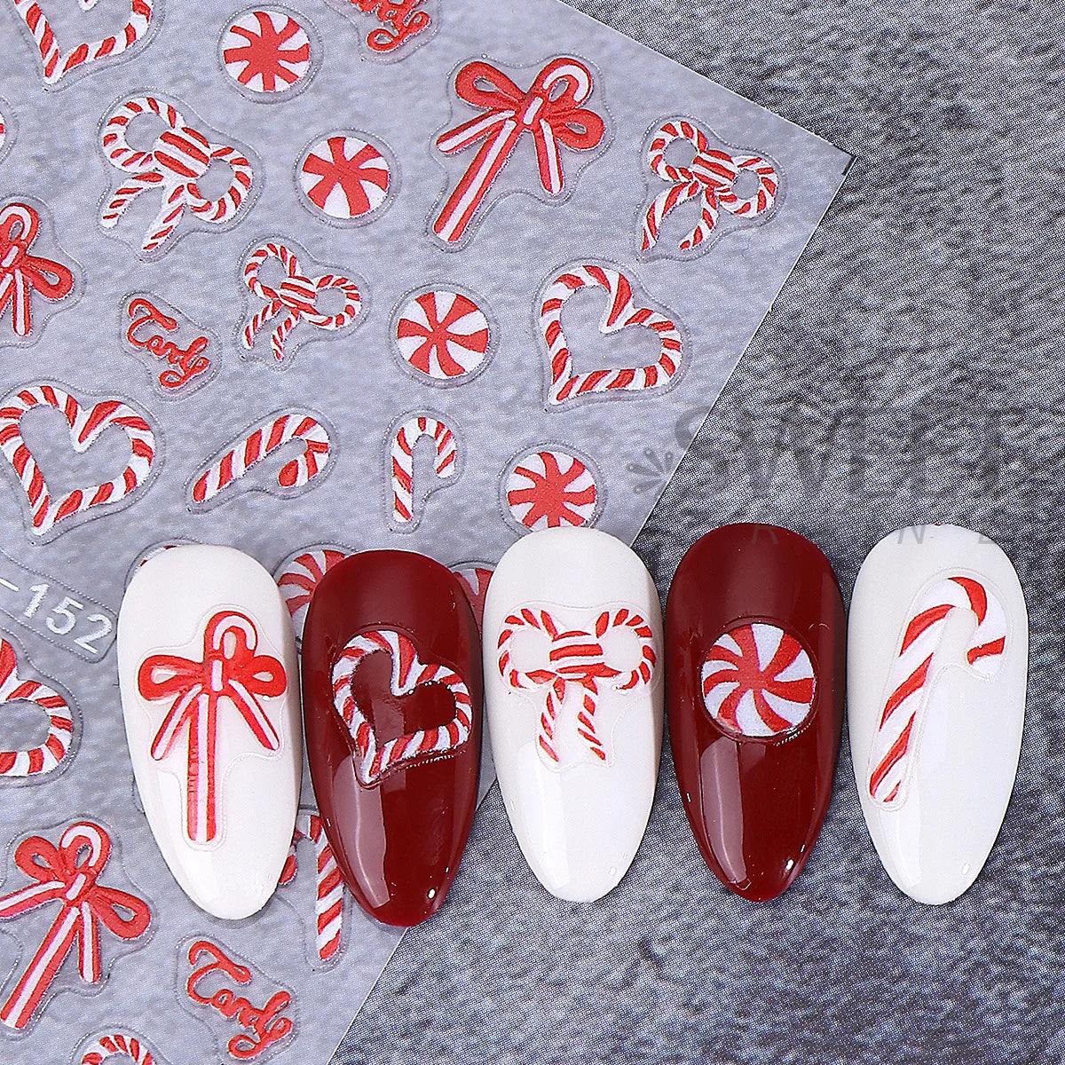 2pcs Xmas Candy Cane Matte Nail Decals Merry Christmas Bow Heart Design Sliders Winter Festival Style Sticker Manicure Accessory