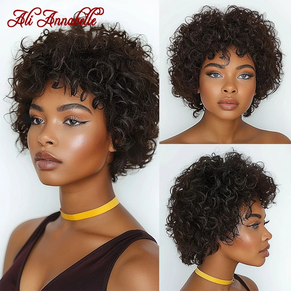 Ali Annabelle 4 Inch Jerry Curly Human Hair Wigs For Women Short Pixie Kinky Curly Wig With Bangs Natural Colored Hair Wig Cheap