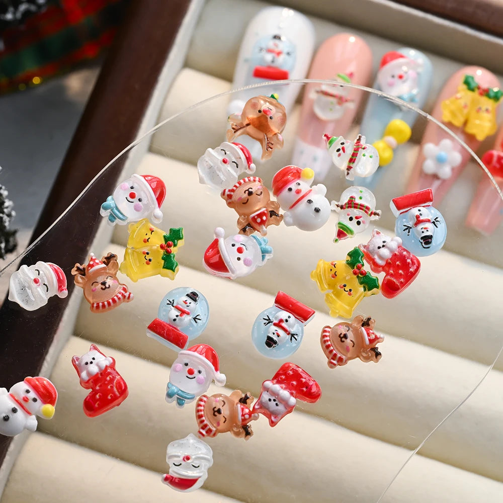 50pcs/bag 3D Resin Christmas Nail Charms Cute Snowman Elk Santa Claus Nail Art Rhinestones Xmas Winter Nails Jewelry Decorations