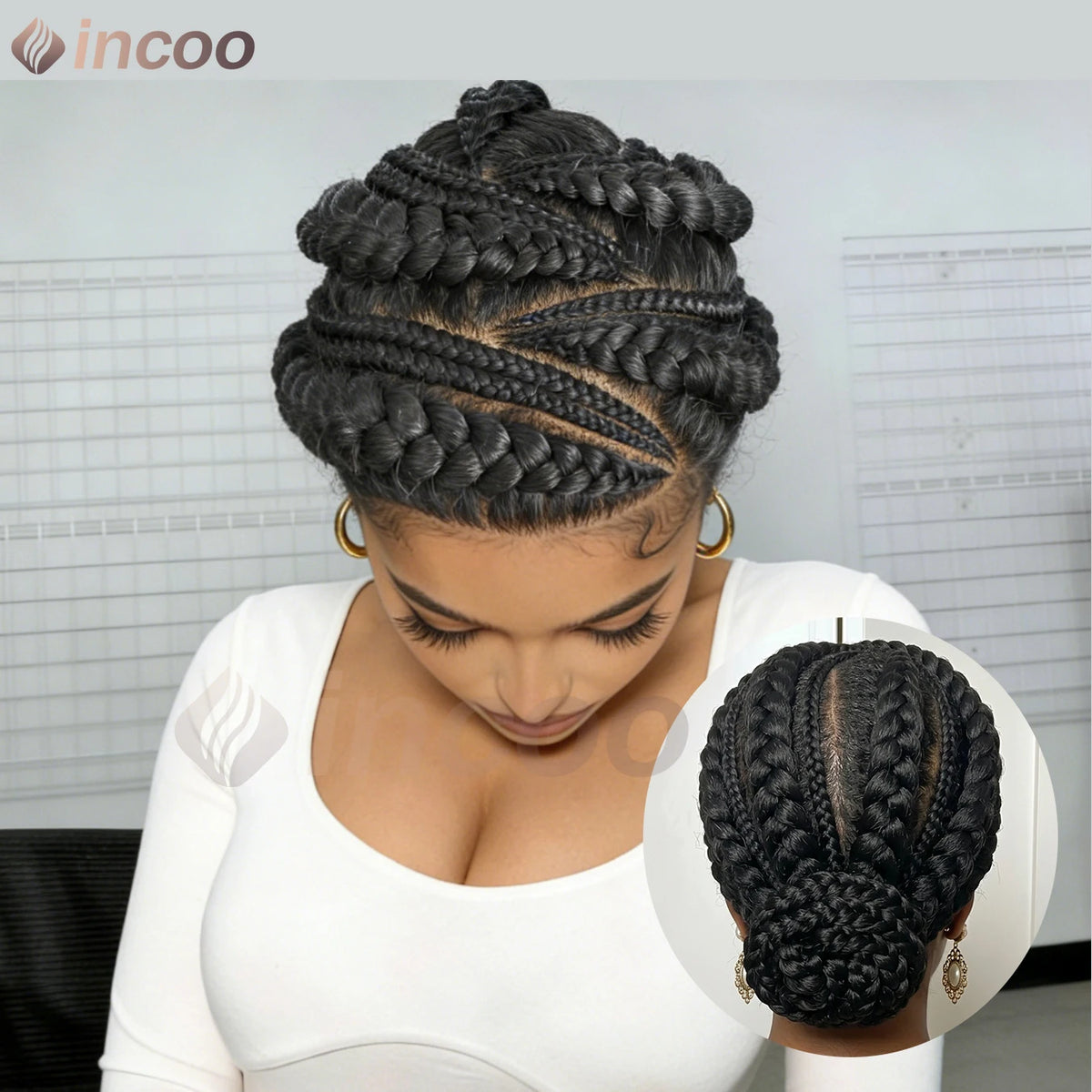 Short Cornnrow Braid Wigs Buns Glueless For Black Women Synthetic HD Full Lace Wig Neat Braids Wig African Protective Style