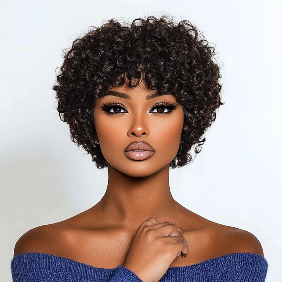 100% Brazilian Virgin Human Hair Short Curly Wigs for Black Women Non Lace Glueless Natural Black Deep Curly Wigs With Bangs