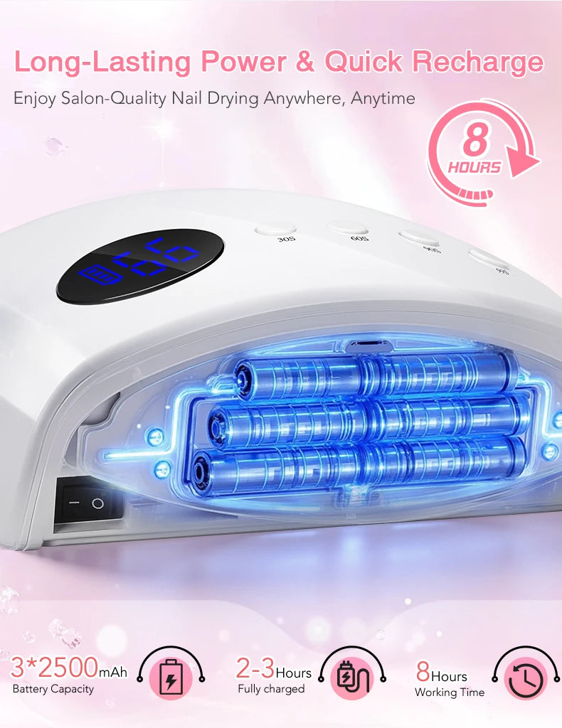 168W UV LED Nail Lamp Rechargeable Cordless Nail Dryer with 4 Timing Modes UV Light for Manicure with 7500mAh Battery