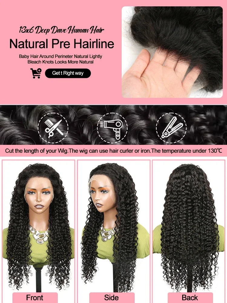 40 44 Inch Deep Wave Lace Front Wig 13x4 13x6 Lace Front Wigs Human Hair 250 Density Transparent Water Wave Curly Lace Front Wig