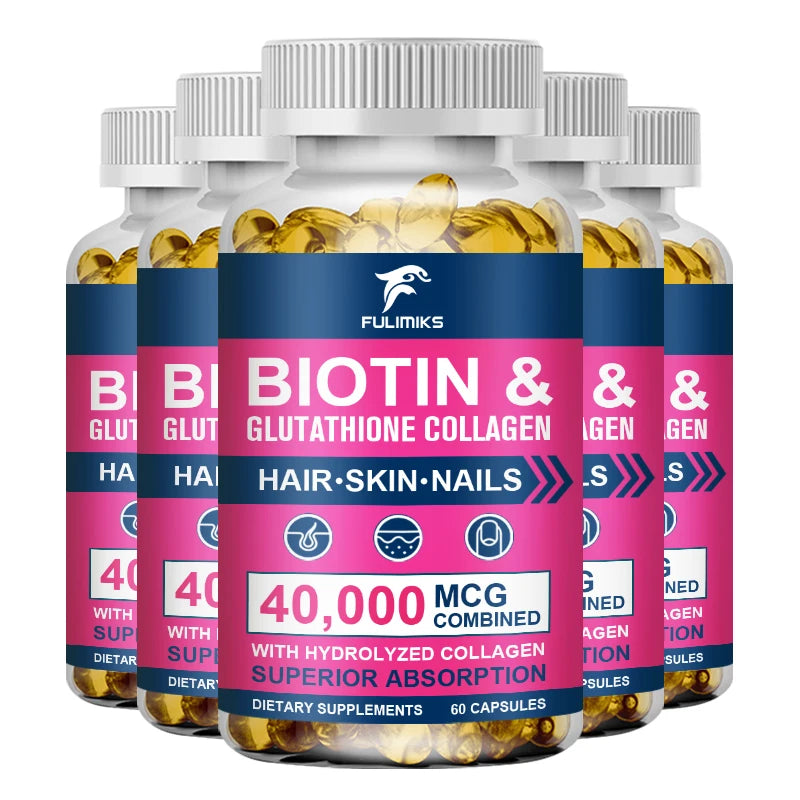 High Biotin 5000mcg Capsules with Hydrolyzed Fish Collagen & MSM, Healthy Hair, Glowing Skin, Strong Nails & Anti-Aging Support