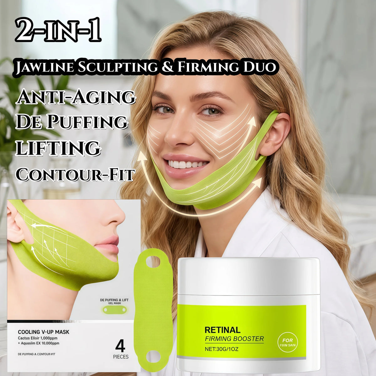 Retinol Firming Booster Cream with V Line Face Lifting Mask Set Full Face Anti-Aging&Jawline Tightening,Collagen Anti Wrinkle Moisturizer,Powerful Anti Swelling&Lifting Effect,Double Chin Reducer Facial Contour Lifting Skin C