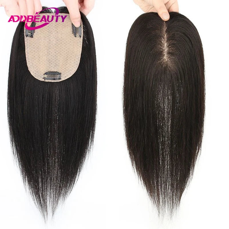 Straight Hair Topper Toupees Addbeauty Silk Base Human Hair Piece for Women 100% Remy Human Hair Clip in Hair Extensions Natural