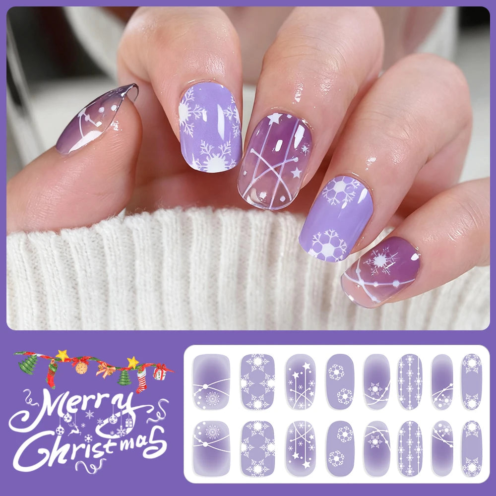 16Tips 3D Full Cover Christmas Series Nail Stickers Adhesive No Light Need Nail Art Wraps Strips Festival Manicure Polish Tips *