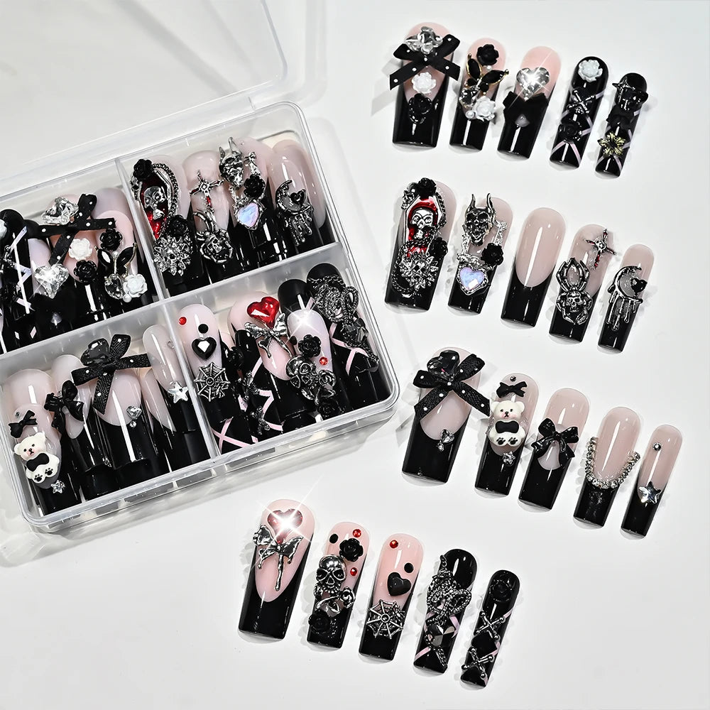 96Pcs Y2k Halloween Punk Black French Fake Nails 3D Metal Alloy (Cross Butterfly Skull Spider) Horror Press On Nail Gothic Nails