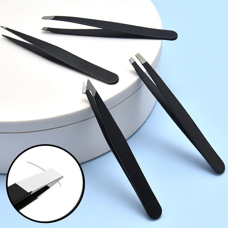 4Pcs Face Hair Removal Eyebrow Tweezers Pincet Clips Stainless Steel Lash Extension Tweezers Slant and Flat Point Beauty Tools
