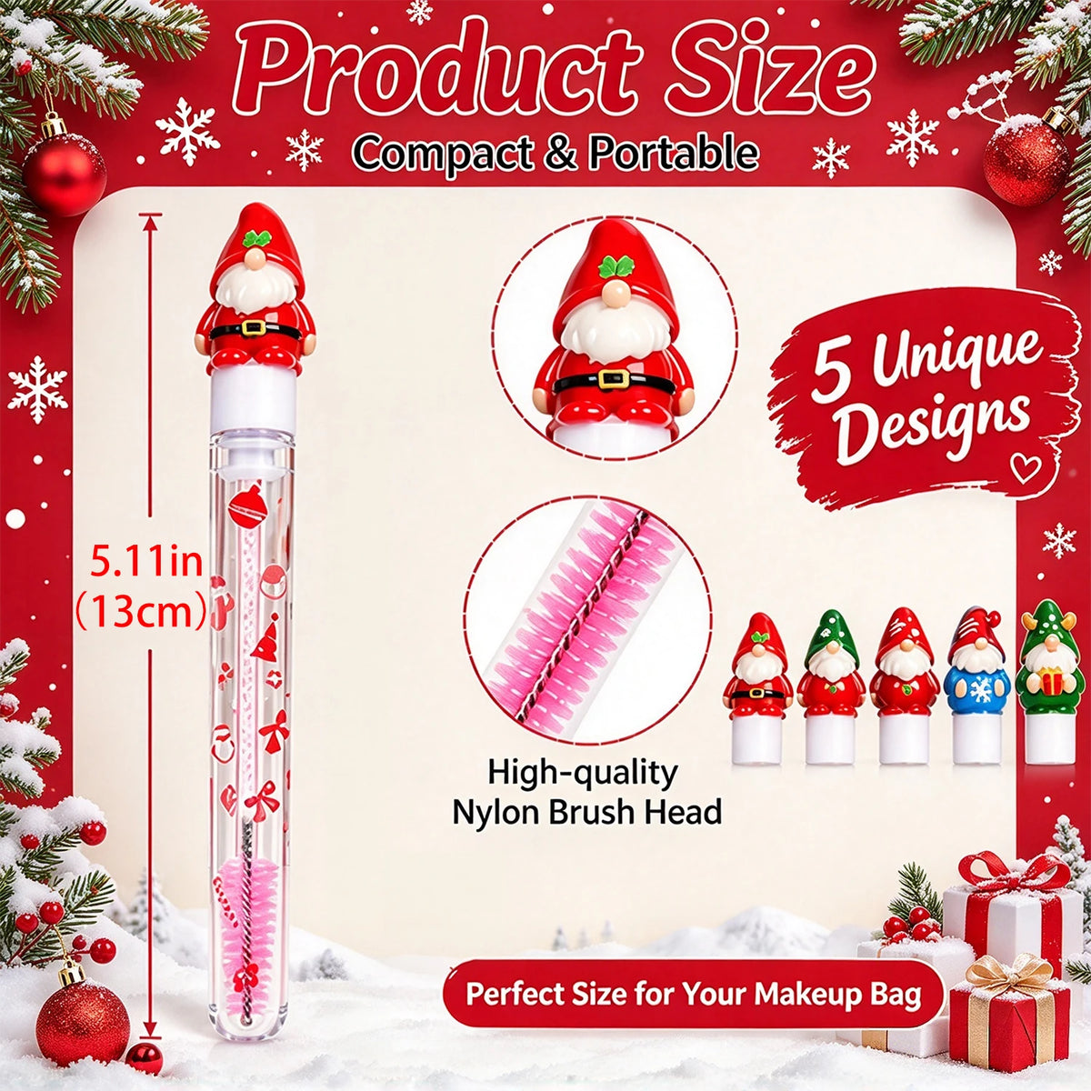 5Pcs Christmas Eyelash Brushes with Tube, Reusable Santa Mascara Wand, Dustproof Eyebrow Comb Spoolies Lash Extension Xmas Gifts